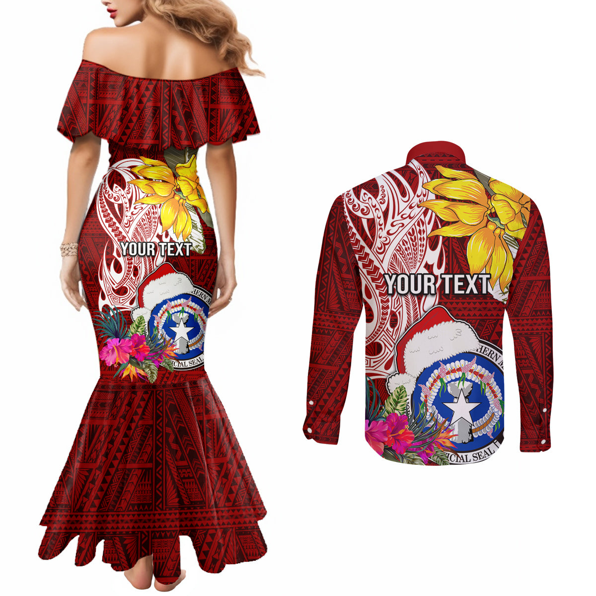 Custom Northern Mariana Islands Christmas Couples Matching Mermaid Dress and Long Sleeve Button Shirt Funny Santa Hug Latte Stone Ylang-ylang and Polynesia Pattern Red LT03 - Polynesian Pride