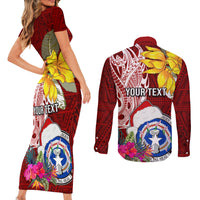 Custom Northern Mariana Islands Christmas Couples Matching Short Sleeve Bodycon Dress and Long Sleeve Button Shirt Funny Santa Hug Latte Stone Ylang-ylang and Polynesia Pattern Red LT03 - Polynesian Pride