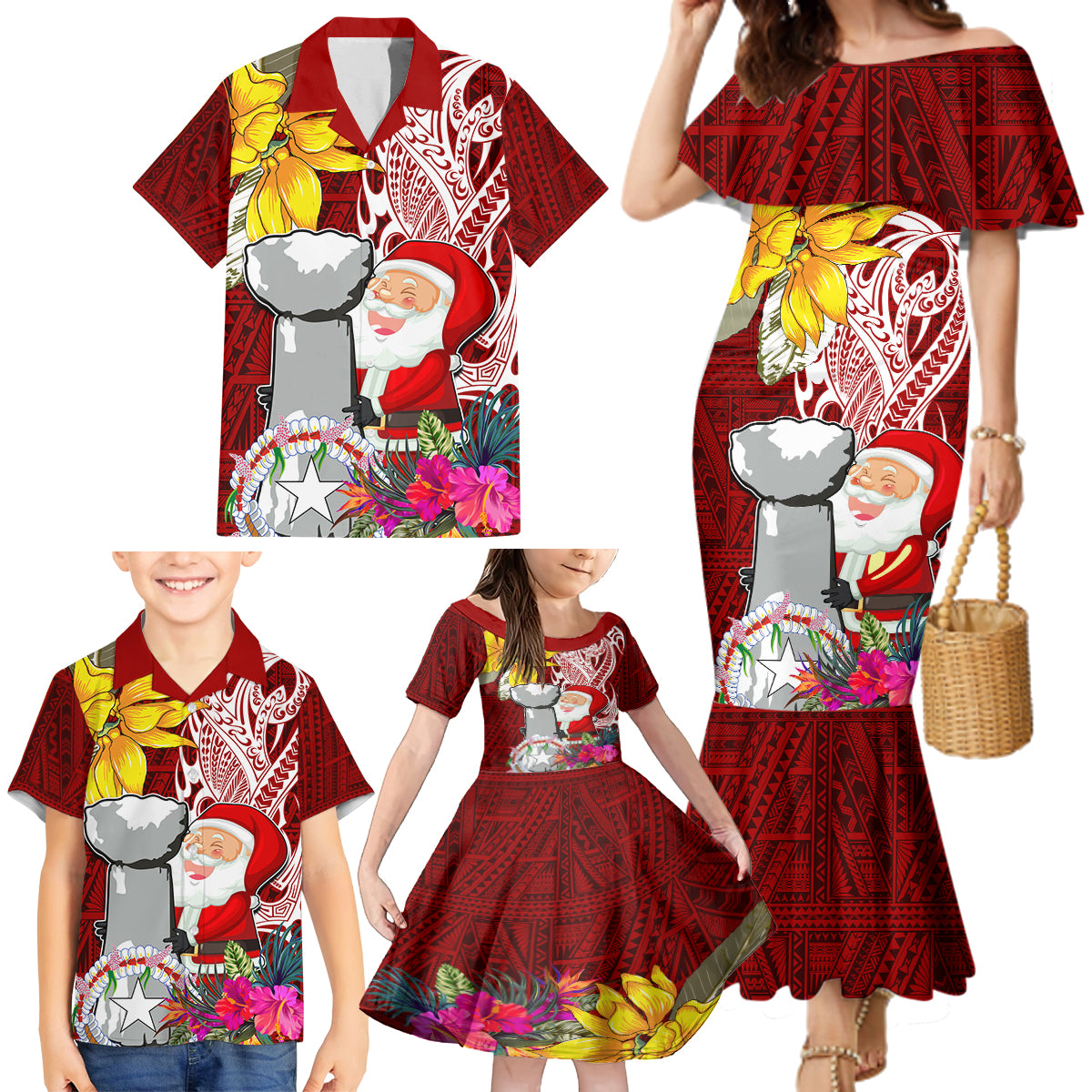 Custom Northern Mariana Islands Christmas Family Matching Mermaid Dress and Hawaiian Shirt Funny Santa Hug Latte Stone Ylang-ylang and Polynesia Pattern Red LT03 - Polynesian Pride