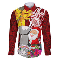 Custom Northern Mariana Islands Christmas Family Matching Mermaid Dress and Hawaiian Shirt Funny Santa Hug Latte Stone Ylang-ylang and Polynesia Pattern Red LT03 Dad's Shirt - Long Sleeve Red - Polynesian Pride