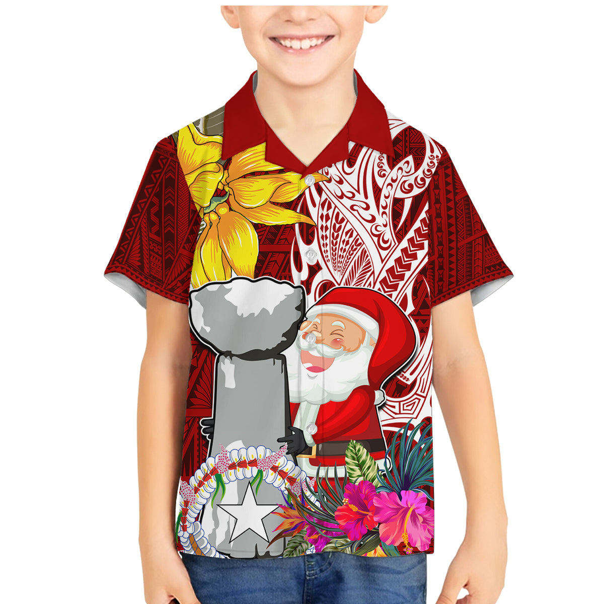 Custom Northern Mariana Islands Christmas Family Matching Mermaid Dress and Hawaiian Shirt Funny Santa Hug Latte Stone Ylang-ylang and Polynesia Pattern Red LT03 Son's Shirt Red - Polynesian Pride