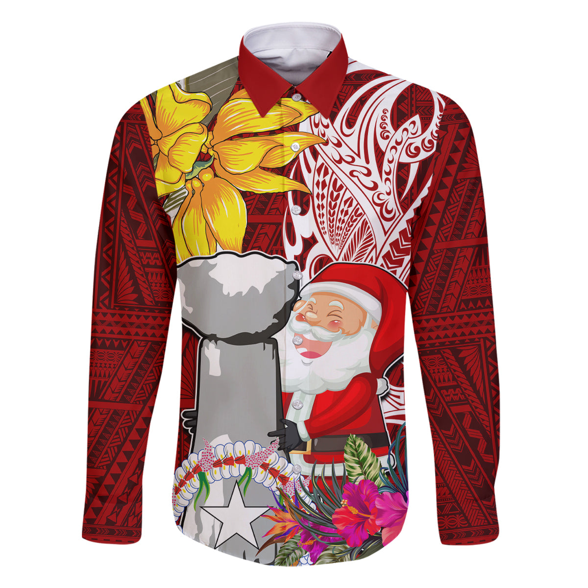 Custom Northern Mariana Islands Christmas Family Matching Off Shoulder Long Sleeve Dress and Hawaiian Shirt Funny Santa Hug Latte Stone Ylang-ylang and Polynesia Pattern Red LT03 Dad's Shirt - Long Sleeve Red - Polynesian Pride