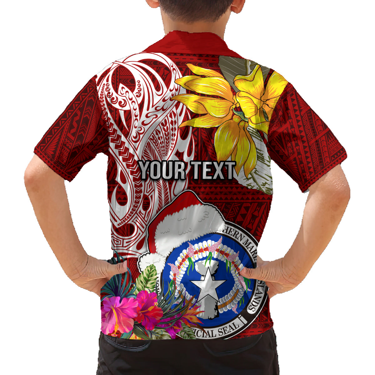 Custom Northern Mariana Islands Christmas Family Matching Puletasi Dress and Hawaiian Shirt Funny Santa Hug Latte Stone Ylang-ylang and Polynesia Pattern Red LT03 - Polynesian Pride