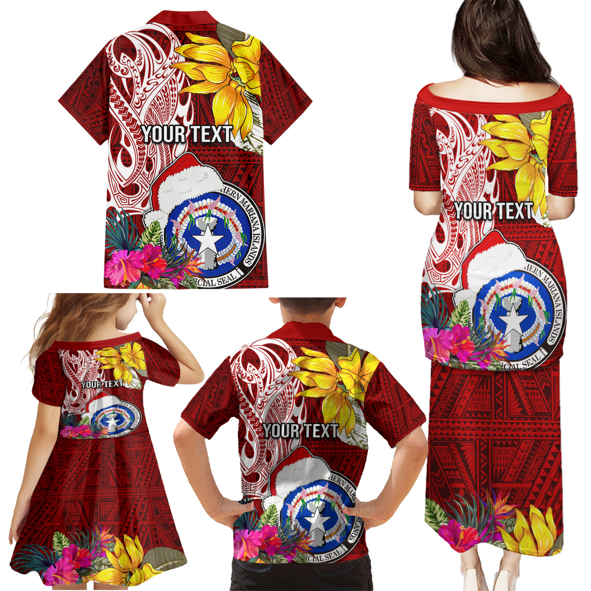 Custom Northern Mariana Islands Christmas Family Matching Puletasi Dress and Hawaiian Shirt Funny Santa Hug Latte Stone Ylang-ylang and Polynesia Pattern Red LT03 - Polynesian Pride