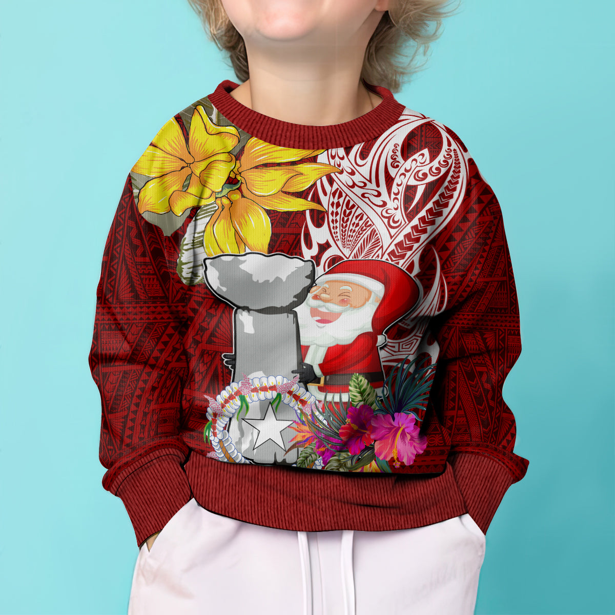 Custom Northern Mariana Islands Christmas Kid Ugly Christmas Sweater Funny Santa Hug Latte Stone Ylang-ylang and Polynesia Pattern Red LT03 - Polynesian Pride