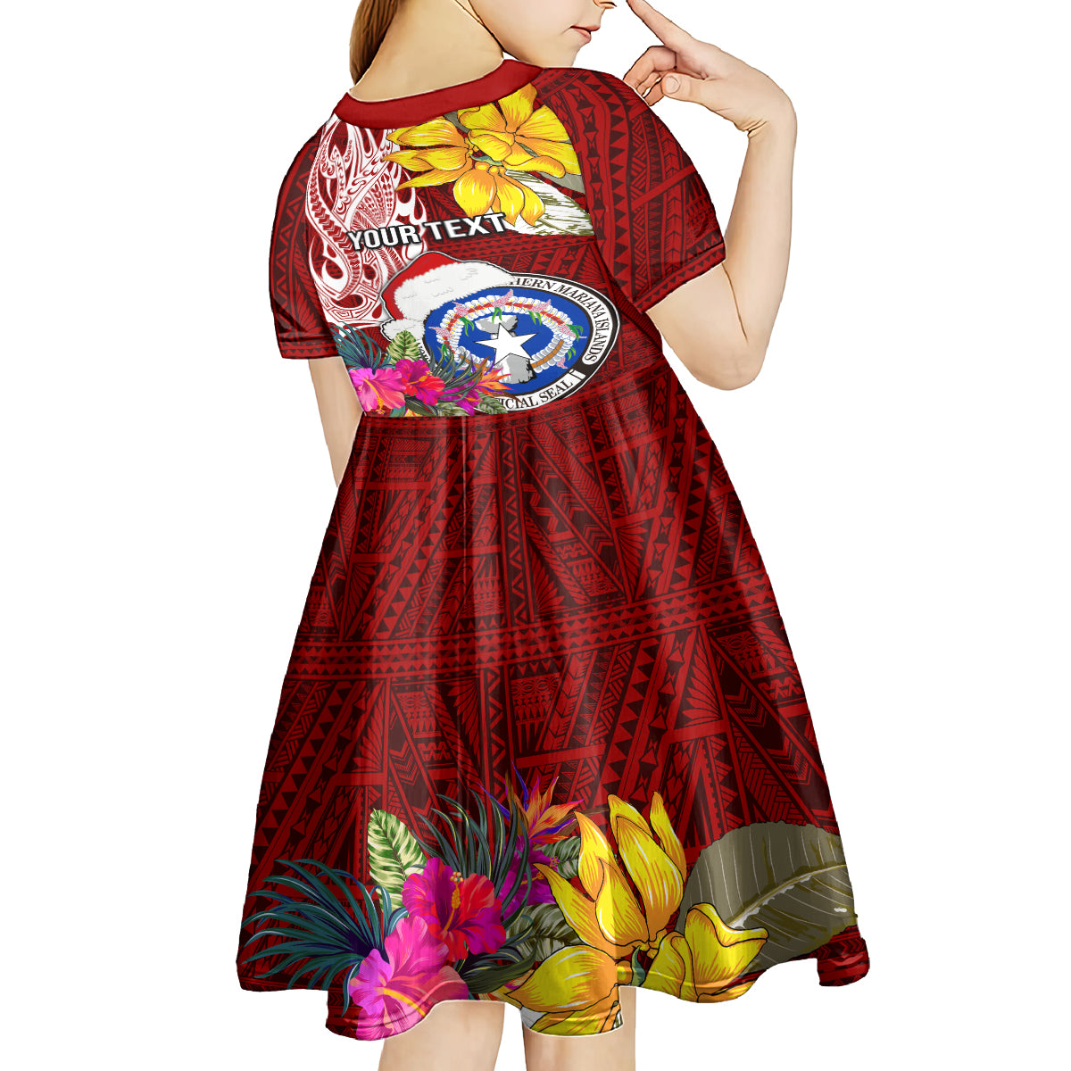 Custom Northern Mariana Islands Christmas Kid Short Sleeve Dress Funny Santa Hug Latte Stone Ylang-ylang and Polynesia Pattern Red LT03 - Polynesian Pride