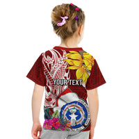 Custom Northern Mariana Islands Christmas Kid T Shirt Funny Santa Hug Latte Stone Ylang-ylang and Polynesia Pattern Red LT03 - Polynesian Pride