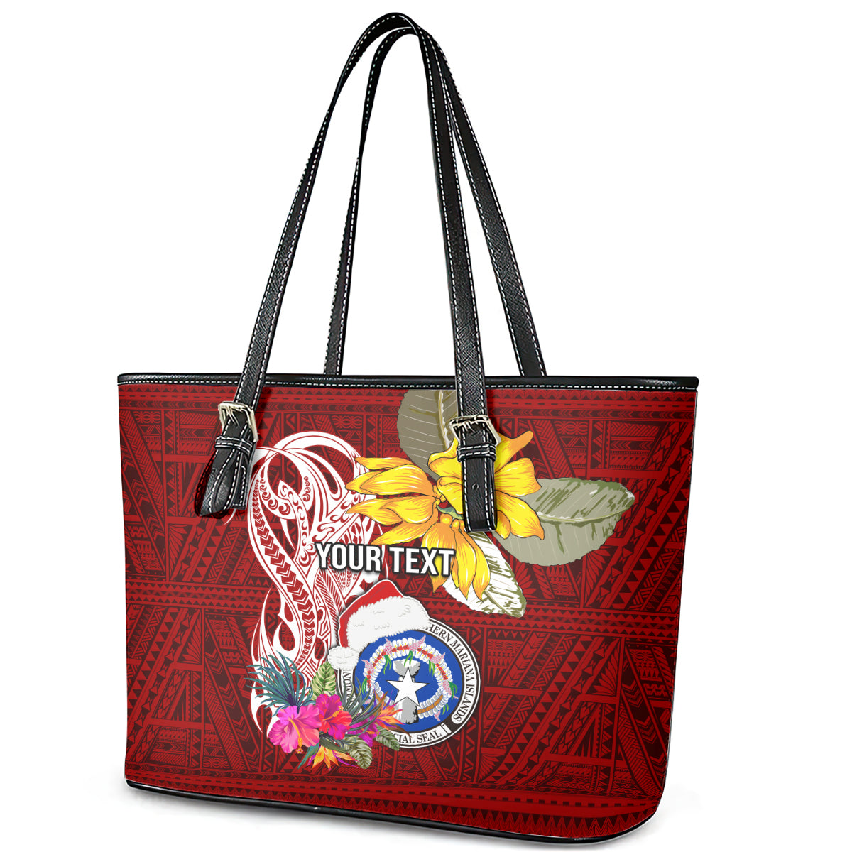 Custom Northern Mariana Islands Christmas Leather Tote Bag Funny Santa Hug Latte Stone Ylang-ylang and Polynesia Pattern Red LT03 - Polynesian Pride