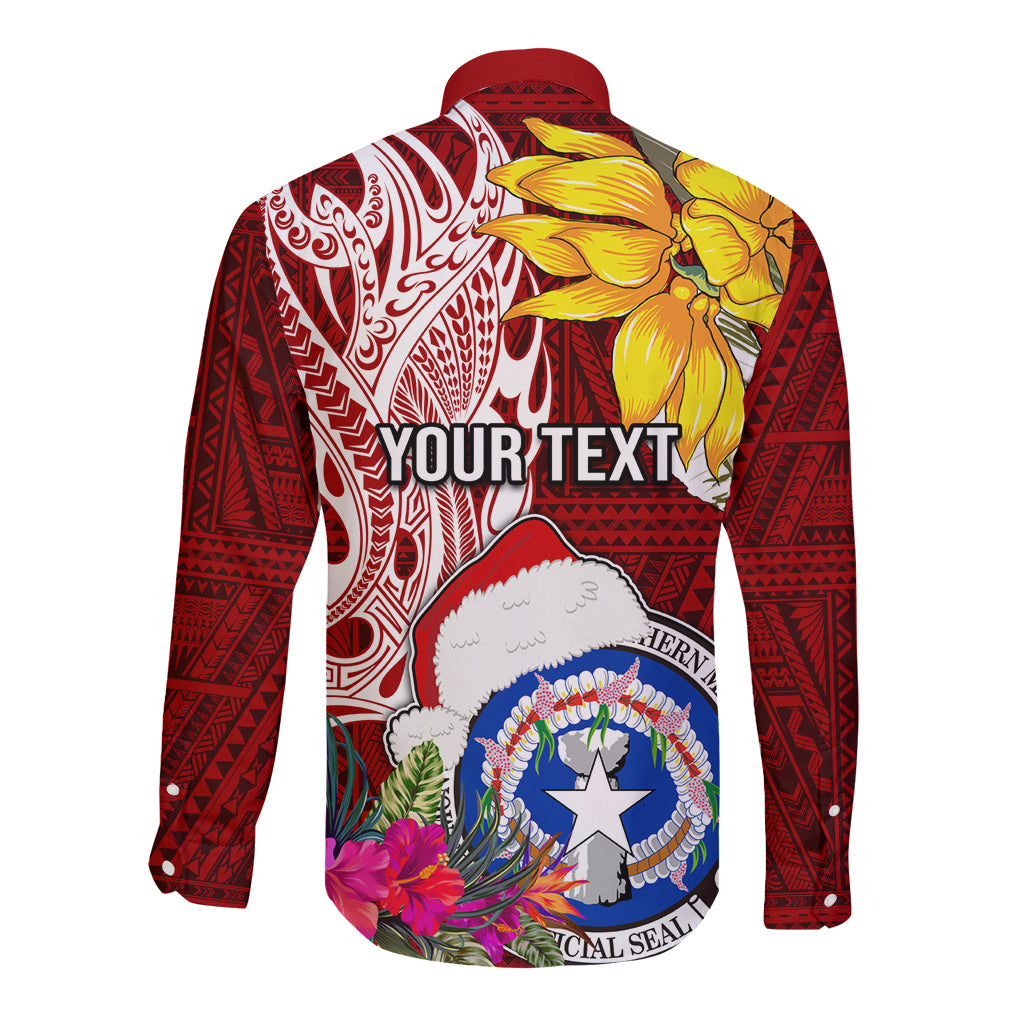 Custom Northern Mariana Islands Christmas Long Sleeve Button Shirt Funny Santa Hug Latte Stone Ylang-ylang and Polynesia Pattern Red LT03 - Polynesian Pride