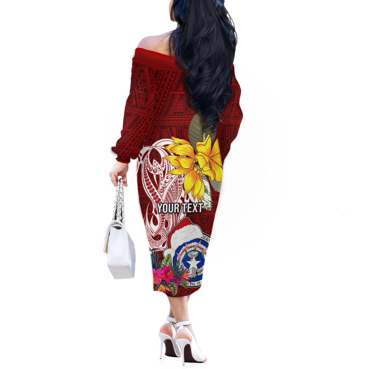 Custom Northern Mariana Islands Christmas Off The Shoulder Long Sleeve Dress Funny Santa Hug Latte Stone Ylang-ylang and Polynesia Pattern Red LT03 - Polynesian Pride