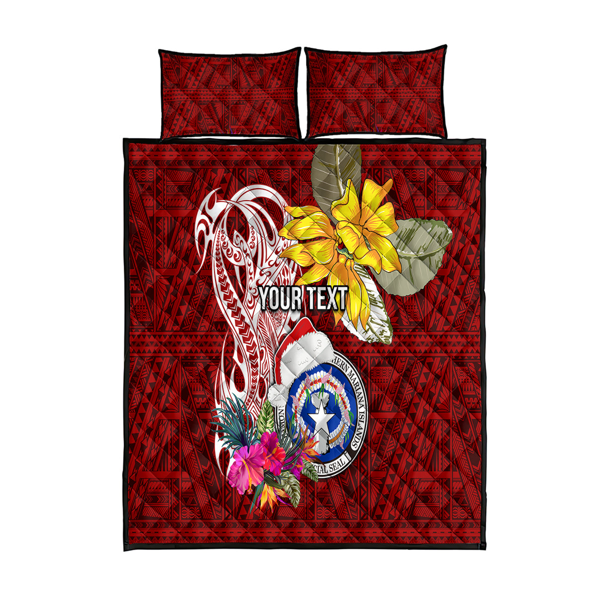 Custom Northern Mariana Islands Christmas Quilt Bed Set Funny Santa Hug Latte Stone Ylang-ylang and Polynesia Pattern Red LT03 Red - Polynesian Pride