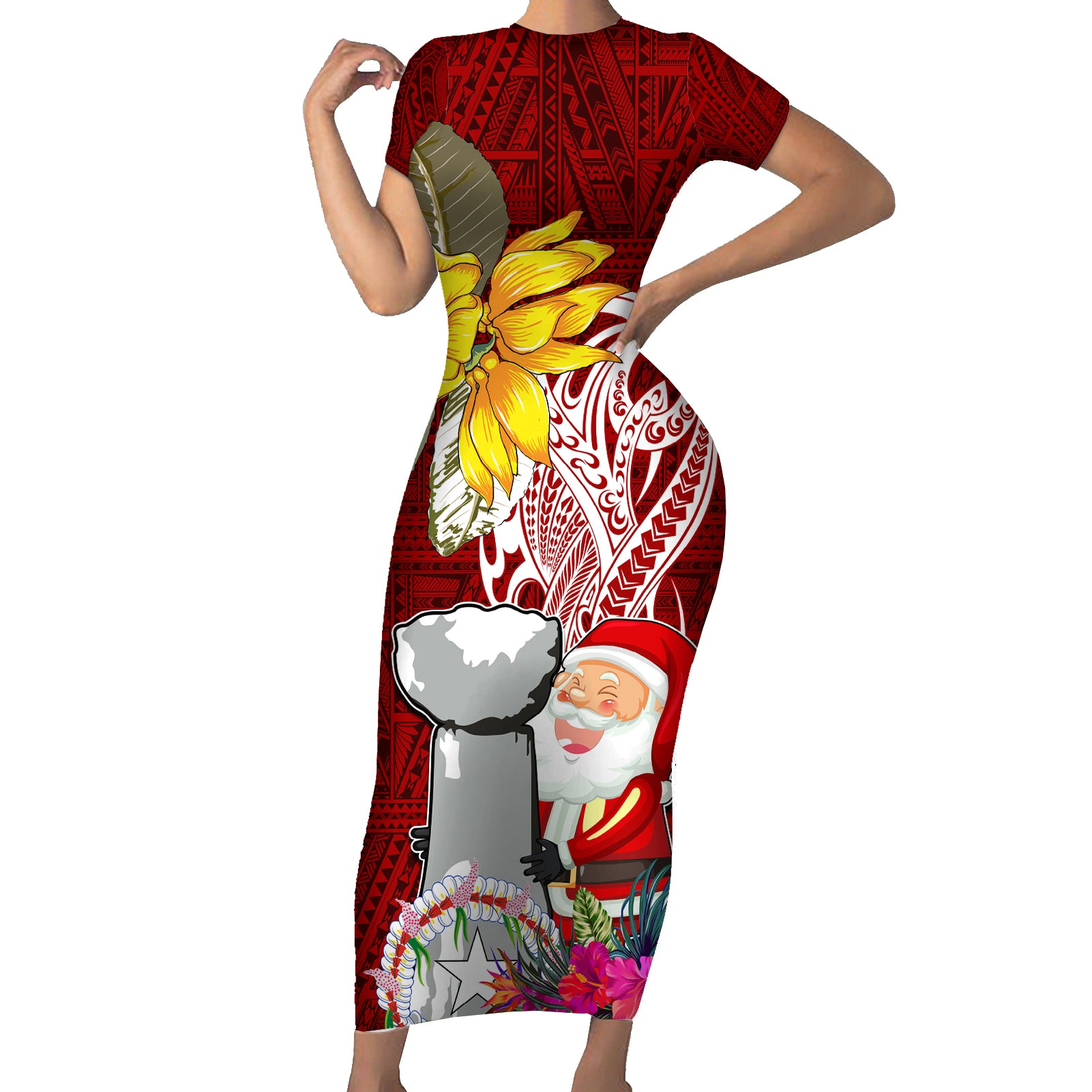 Custom Northern Mariana Islands Christmas Short Sleeve Bodycon Dress Funny Santa Hug Latte Stone Ylang-ylang and Polynesia Pattern Red LT03 Long Dress Red - Polynesian Pride