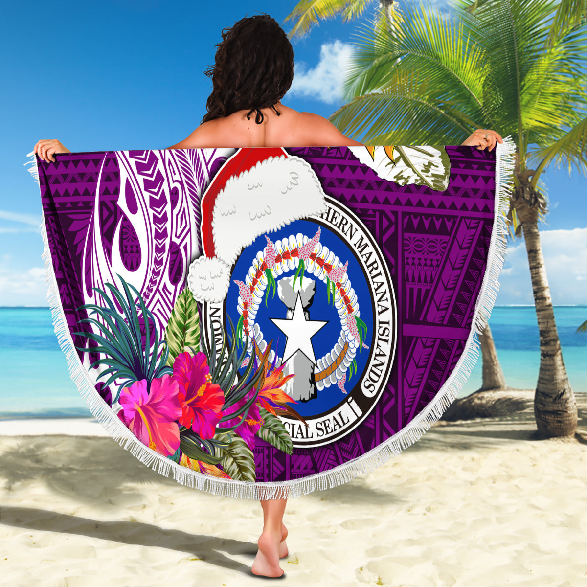 Custom Northern Mariana Islands Christmas Beach Blanket Funny Santa Hug Latte Stone Ylang-ylang and Polynesia Pattern Pink LT03 - Polynesian Pride
