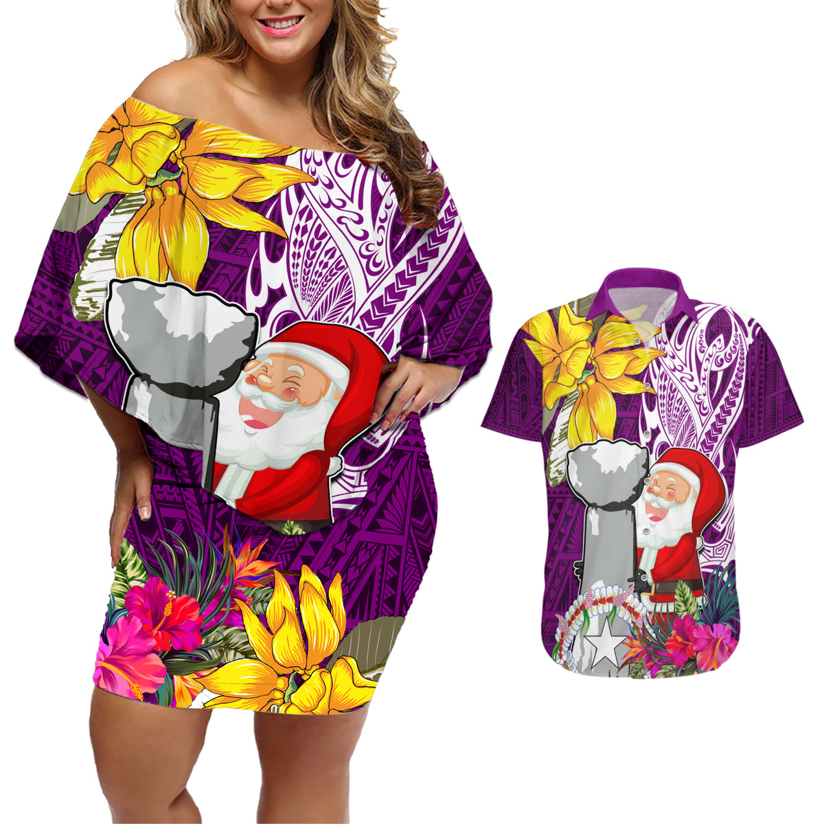 Custom Northern Mariana Islands Christmas Couples Matching Off Shoulder Short Dress and Hawaiian Shirt Funny Santa Hug Latte Stone Ylang-ylang and Polynesia Pattern Pink LT03 Pink - Polynesian Pride