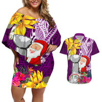 Custom Northern Mariana Islands Christmas Couples Matching Off Shoulder Short Dress and Hawaiian Shirt Funny Santa Hug Latte Stone Ylang-ylang and Polynesia Pattern Pink LT03 Pink - Polynesian Pride