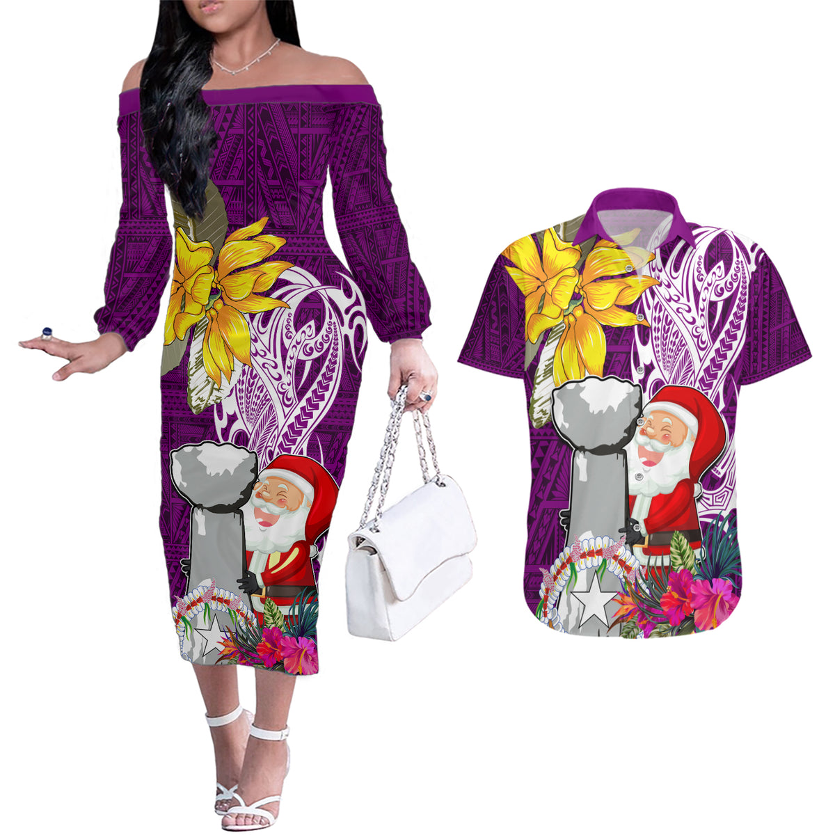 Custom Northern Mariana Islands Christmas Couples Matching Off The Shoulder Long Sleeve Dress and Hawaiian Shirt Funny Santa Hug Latte Stone Ylang-ylang and Polynesia Pattern Pink LT03 Pink - Polynesian Pride