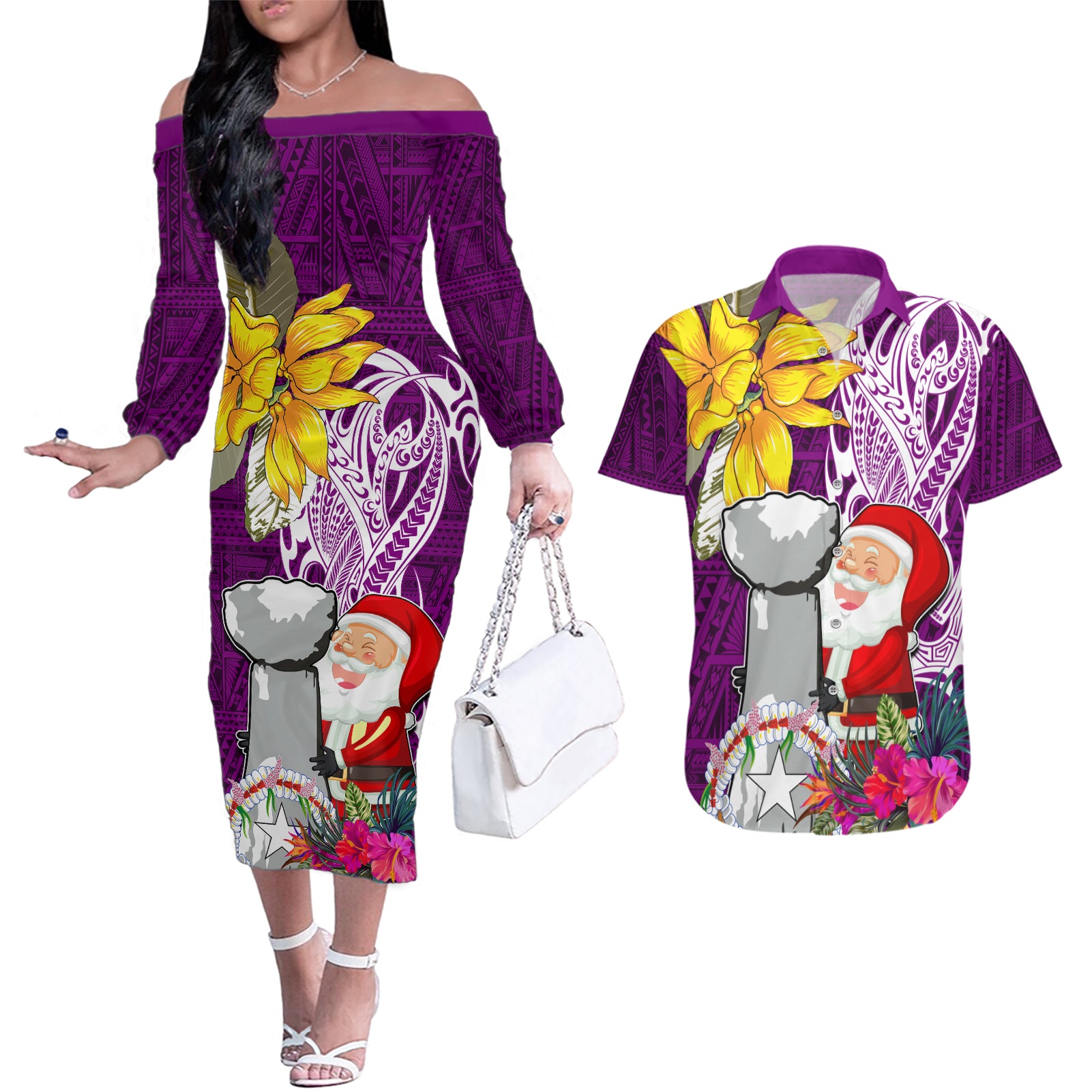 Custom Northern Mariana Islands Christmas Couples Matching Off The Shoulder Long Sleeve Dress and Hawaiian Shirt Funny Santa Hug Latte Stone Ylang-ylang and Polynesia Pattern Pink LT03 Pink - Polynesian Pride