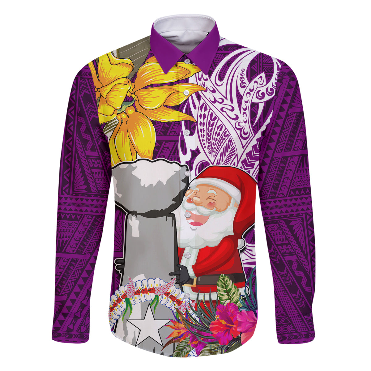 Custom Northern Mariana Islands Christmas Family Matching Long Sleeve Bodycon Dress and Hawaiian Shirt Funny Santa Hug Latte Stone Ylang-ylang and Polynesia Pattern Pink LT03 Dad's Shirt - Long Sleeve Pink - Polynesian Pride
