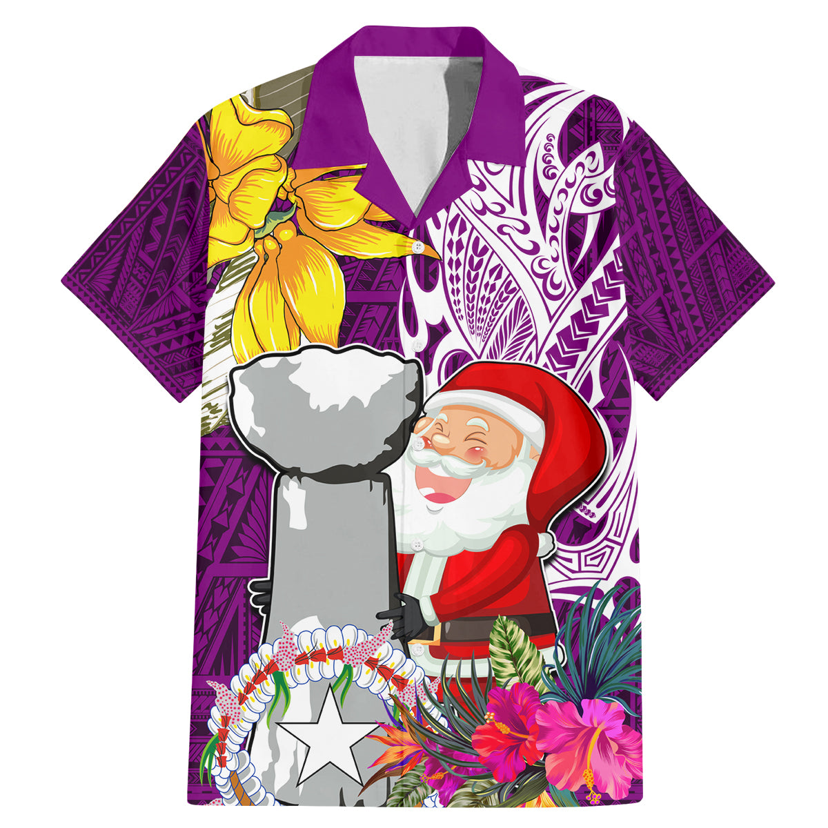 Custom Northern Mariana Islands Christmas Family Matching Mermaid Dress and Hawaiian Shirt Funny Santa Hug Latte Stone Ylang-ylang and Polynesia Pattern Pink LT03 Dad's Shirt - Short Sleeve Pink - Polynesian Pride