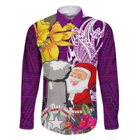 Custom Northern Mariana Islands Christmas Family Matching Off Shoulder Long Sleeve Dress and Hawaiian Shirt Funny Santa Hug Latte Stone Ylang-ylang and Polynesia Pattern Pink LT03 Dad's Shirt - Long Sleeve Pink - Polynesian Pride