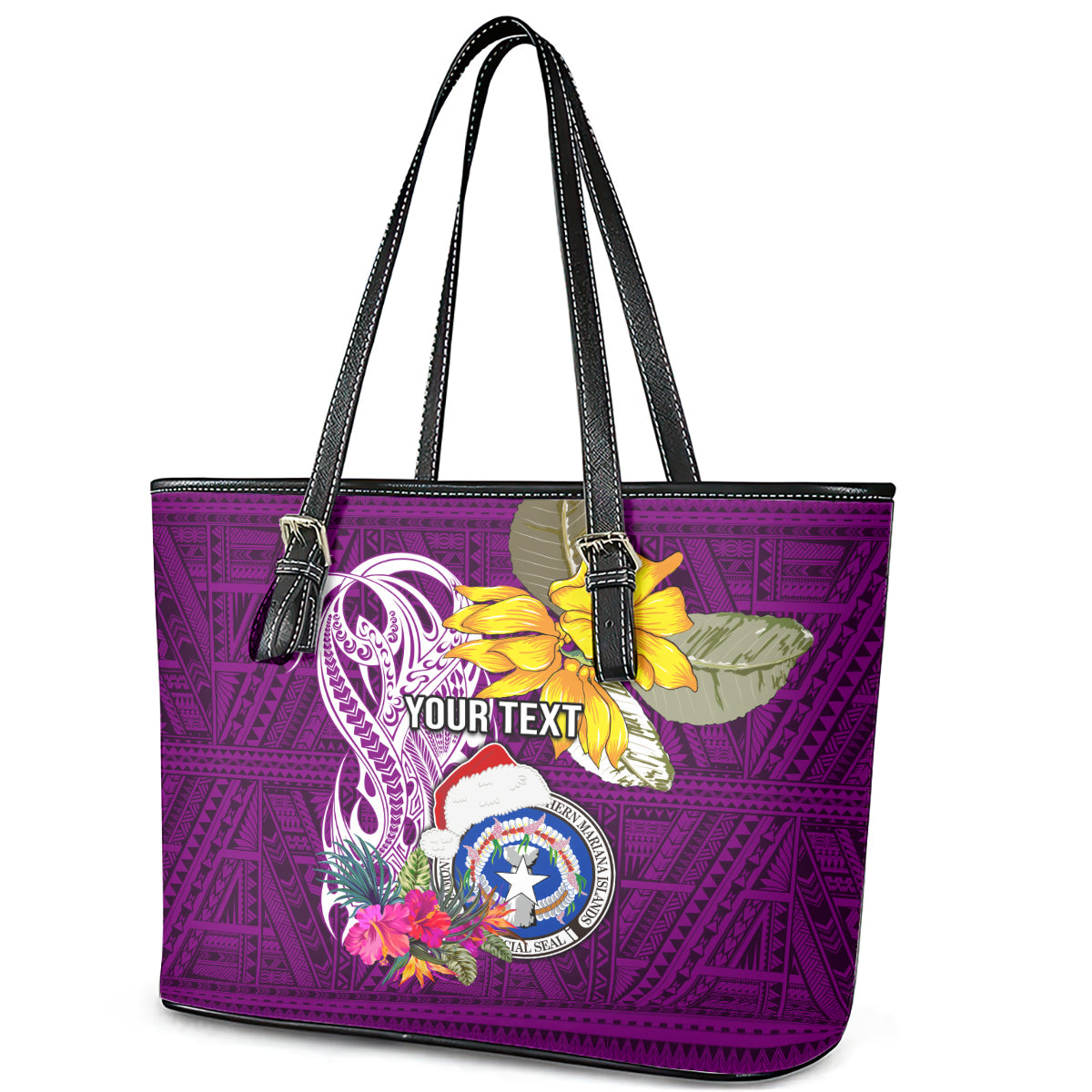 Custom Northern Mariana Islands Christmas Leather Tote Bag Funny Santa Hug Latte Stone Ylang-ylang and Polynesia Pattern Pink LT03 - Polynesian Pride