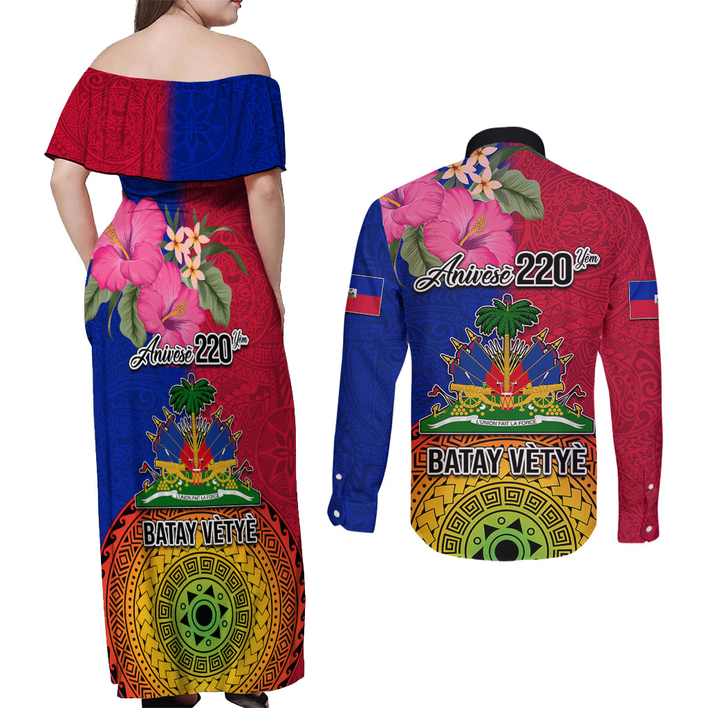 Haiti Battle of Vertieres Couples Matching Off Shoulder Maxi Dress and Long Sleeve Button Shirt The Haitian Revolution 220th Anniversary Polynesian Style LT03 - Polynesian Pride
