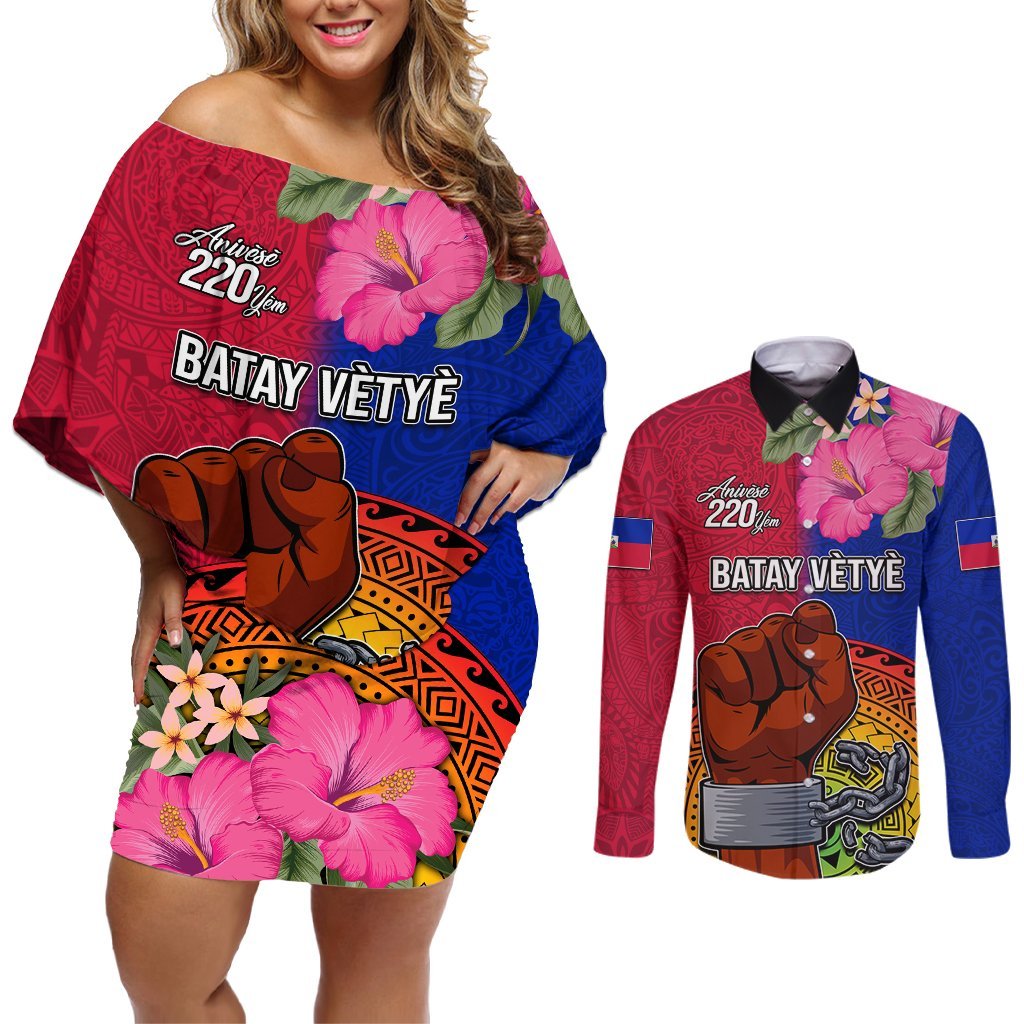 Haiti Battle of Vertieres Couples Matching Off Shoulder Short Dress and Long Sleeve Button Shirt The Haitian Revolution 220th Anniversary Polynesian Style LT03 Red - Polynesian Pride