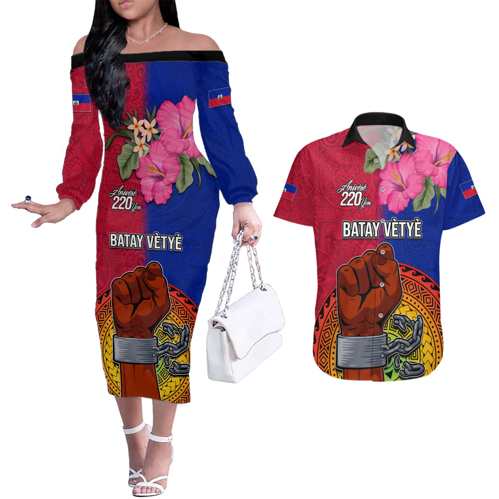 Haiti Battle of Vertieres Couples Matching Off The Shoulder Long Sleeve Dress and Hawaiian Shirt The Haitian Revolution 220th Anniversary Polynesian Style LT03 Red - Polynesian Pride
