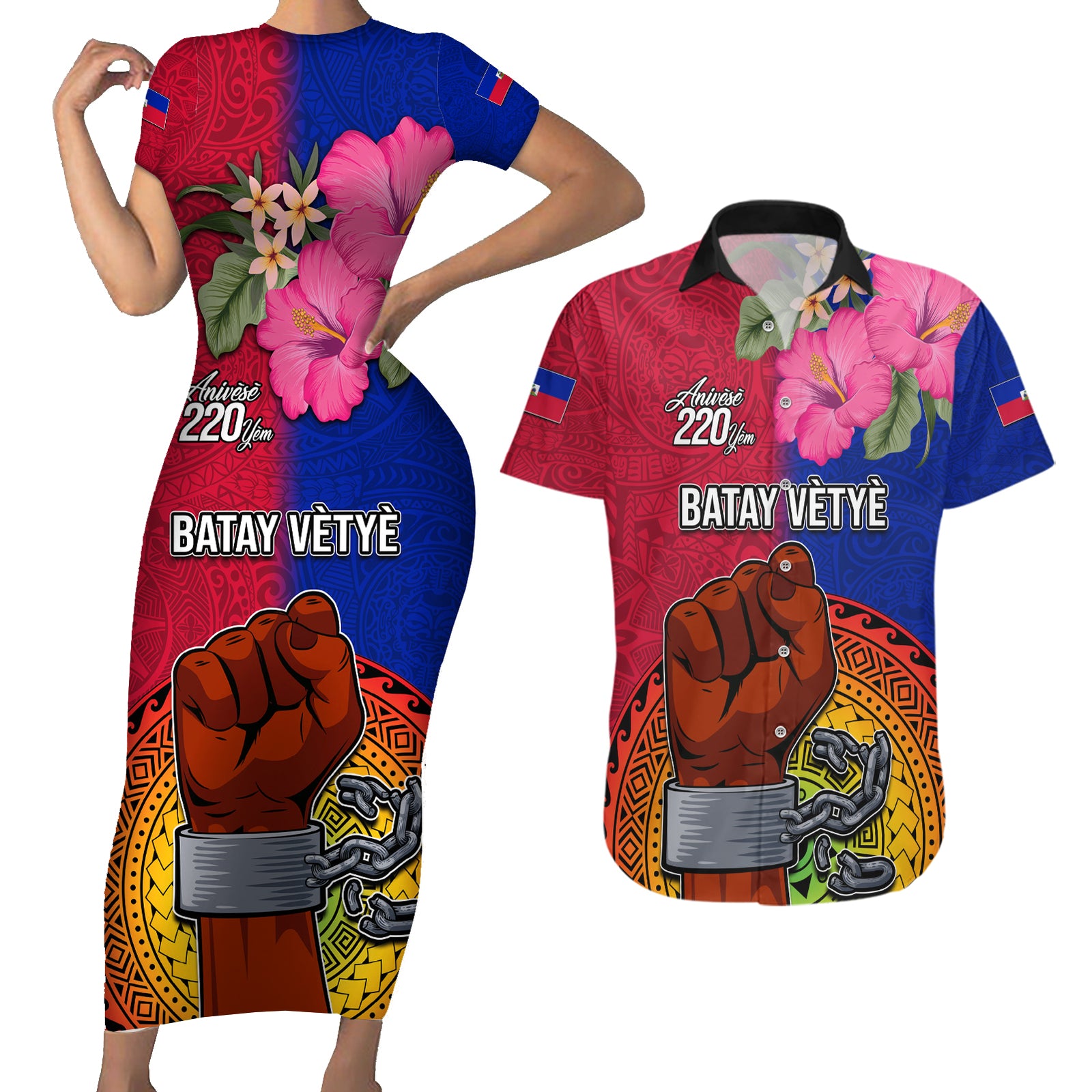 Haiti Battle of Vertieres Couples Matching Short Sleeve Bodycon Dress and Hawaiian Shirt The Haitian Revolution 220th Anniversary Polynesian Style LT03 Red - Polynesian Pride