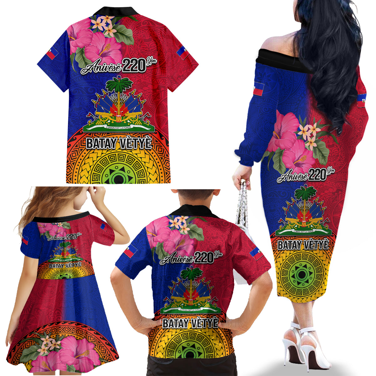 Haiti Battle of Vertieres Family Matching Off Shoulder Long Sleeve Dress and Hawaiian Shirt The Haitian Revolution 220th Anniversary Polynesian Style LT03 - Polynesian Pride