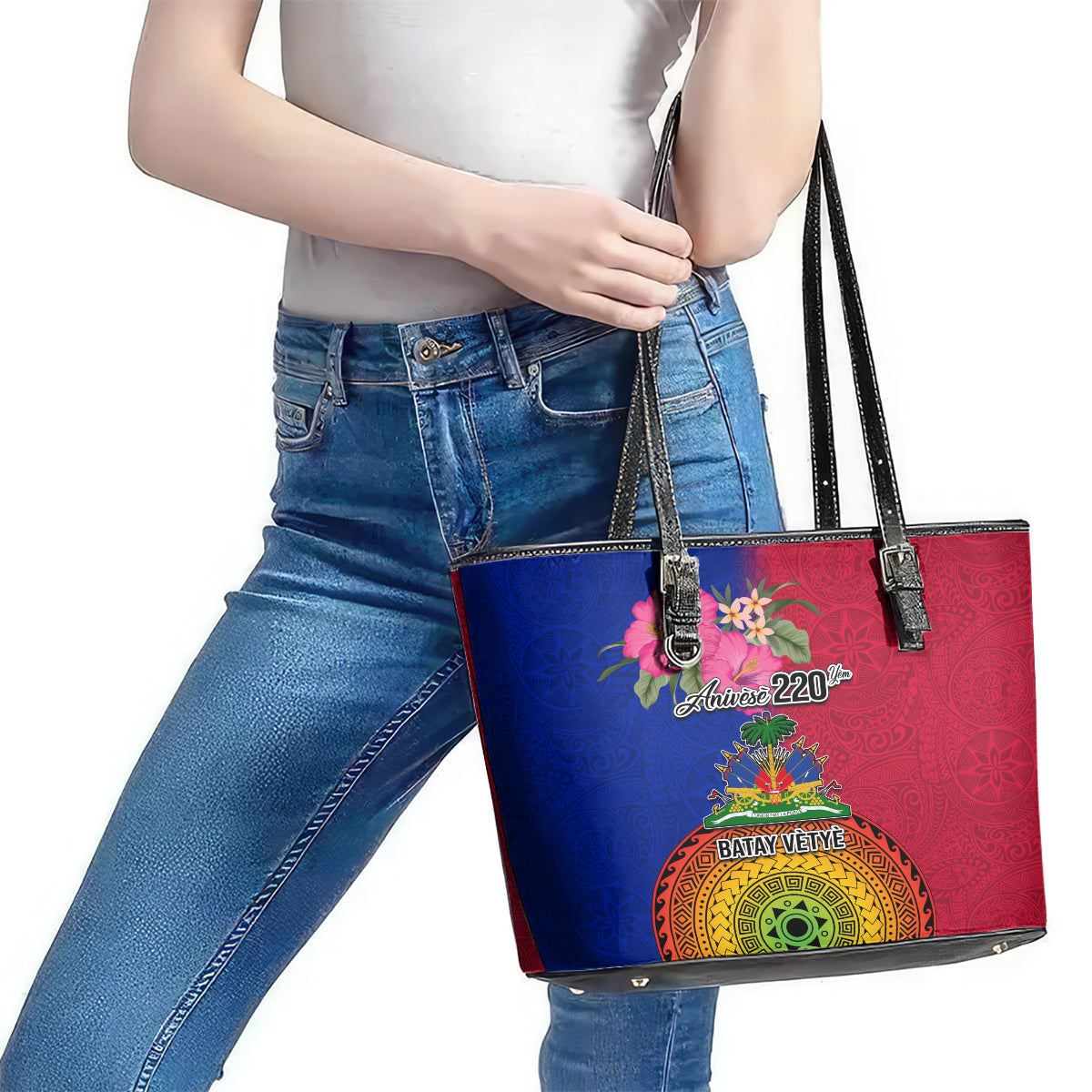 Haiti Battle of Vertieres Leather Tote Bag The Haitian Revolution 220th Anniversary Polynesian Style LT03 - Polynesian Pride