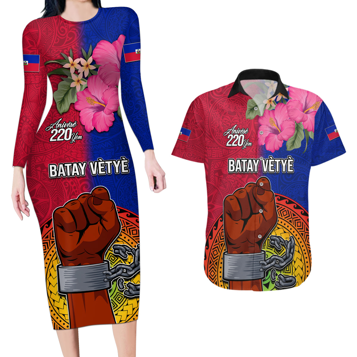 Personalised Haiti Battle of Vertieres Couples Matching Long Sleeve Bodycon Dress and Hawaiian Shirt The Haitian Revolution 220th Anniversary Polynesian Style LT03 Red - Polynesian Pride