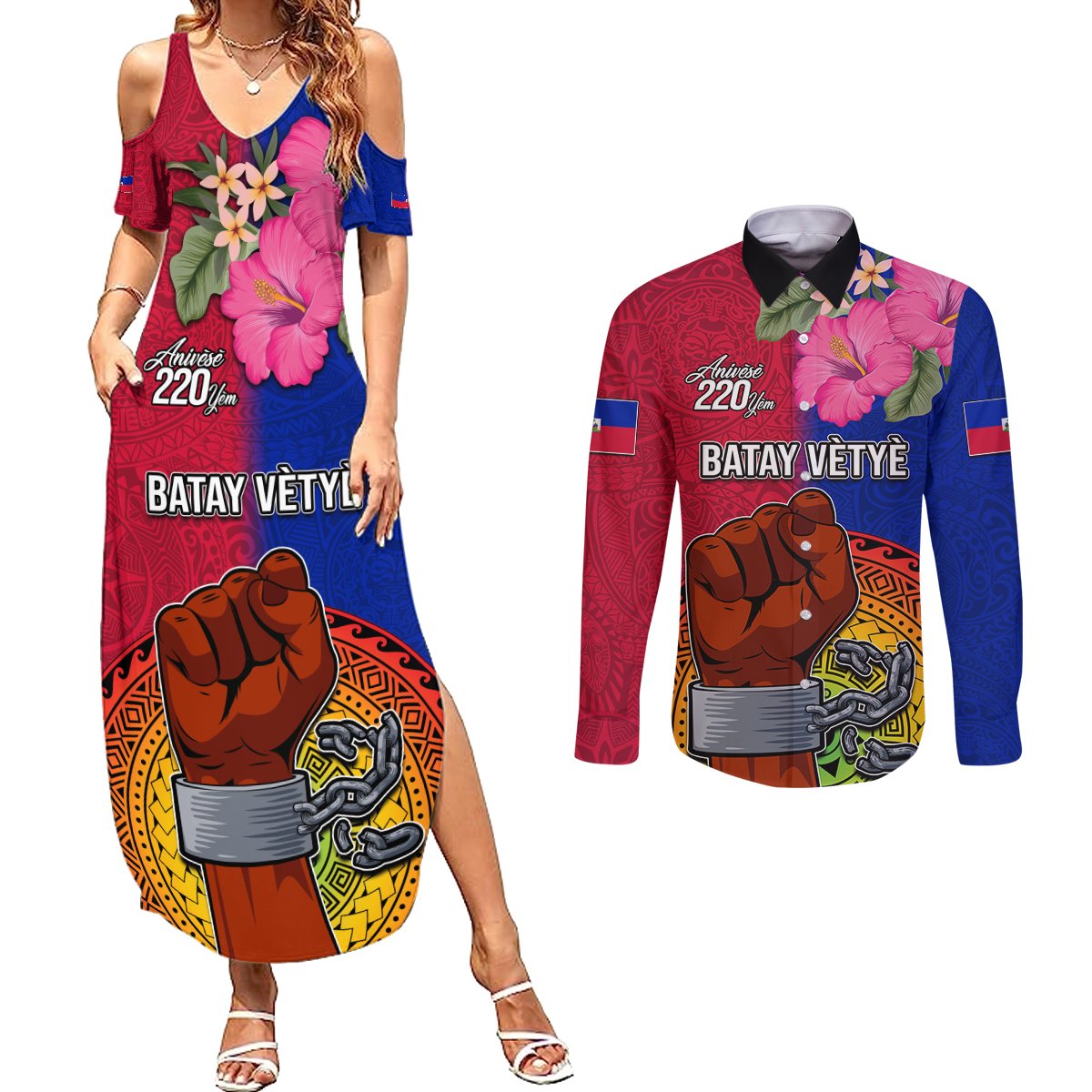 Personalised Haiti Battle of Vertieres Couples Matching Summer Maxi Dress and Long Sleeve Button Shirt The Haitian Revolution 220th Anniversary Polynesian Style LT03 Red - Polynesian Pride