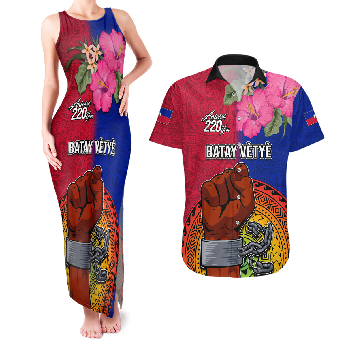 Personalised Haiti Battle of Vertieres Couples Matching Tank Maxi Dress and Hawaiian Shirt The Haitian Revolution 220th Anniversary Polynesian Style LT03 Red - Polynesian Pride