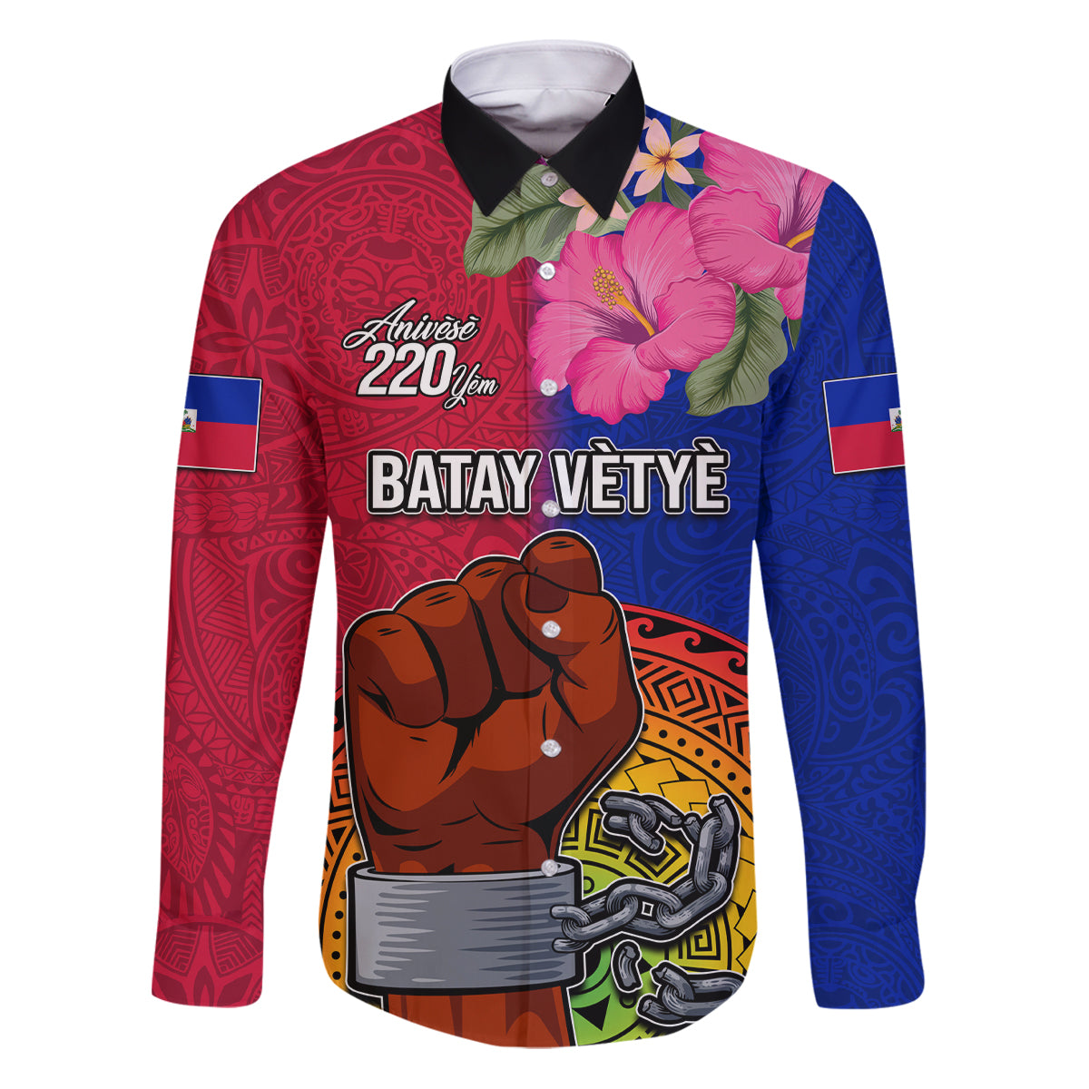 Personalised Haiti Battle of Vertieres Family Matching Puletasi Dress and Hawaiian Shirt The Haitian Revolution 220th Anniversary Polynesian Style LT03 Dad's Shirt - Long Sleeve Red - Polynesian Pride