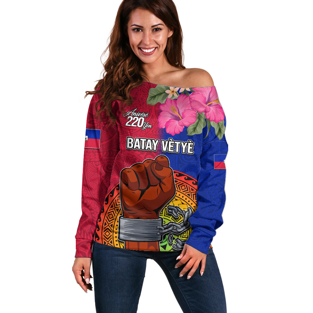Personalised Haiti Battle of Vertieres Off Shoulder Sweater The Haitian Revolution 220th Anniversary Polynesian Style LT03 Women Red - Polynesian Pride