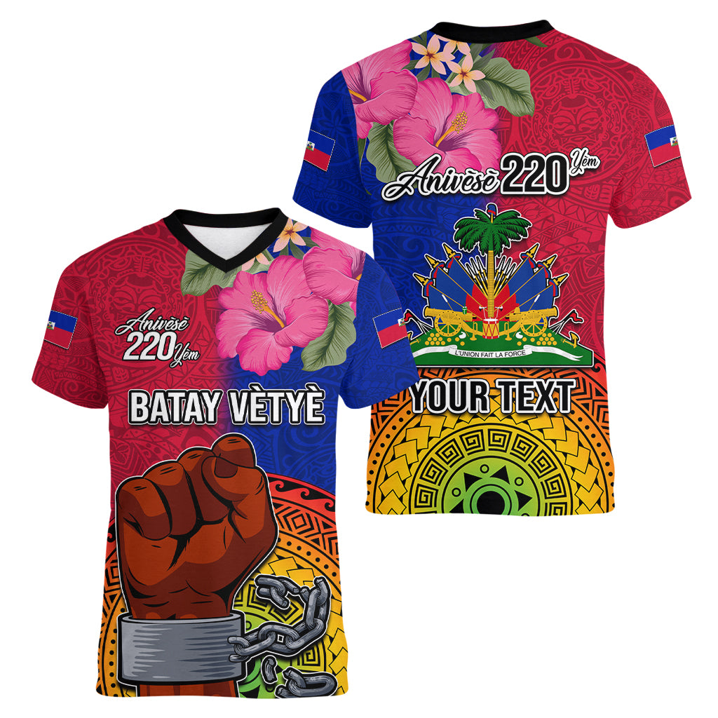 Personalised Haiti Battle of Vertieres Women V Neck T Shirt The Haitian Revolution 220th Anniversary Polynesian Style LT03 - Polynesian Pride