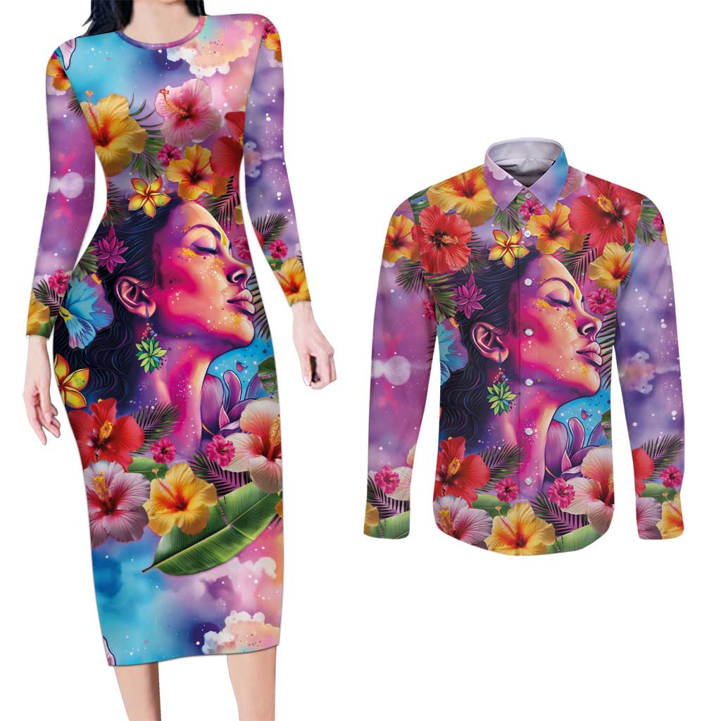 Polynesian Women Couples Matching Long Sleeve Bodycon Dress and Long Sleeve Button Shirt Tropical Plant - Vibrant Surreal Dreamscape Vibe