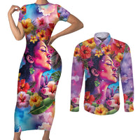 Polynesian Women Couples Matching Short Sleeve Bodycon Dress and Long Sleeve Button Shirt Tropical Plant - Vibrant Surreal Dreamscape Vibe
