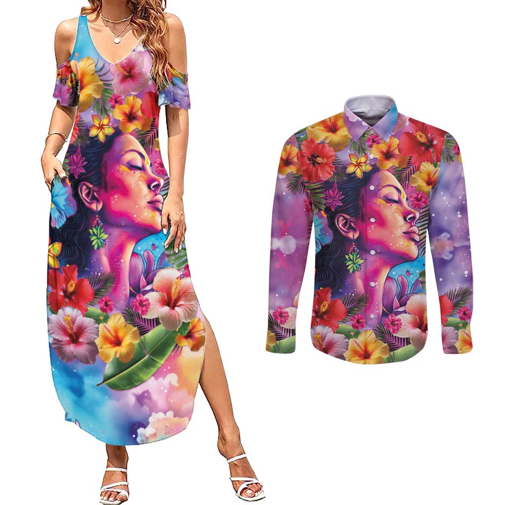 Polynesian Women Couples Matching Summer Maxi Dress and Long Sleeve Button Shirt Tropical Plant - Vibrant Surreal Dreamscape Vibe
