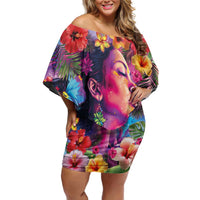 Polynesian Women Family Matching Off Shoulder Short Dress and Hawaiian Shirt Tropical Plant - Vibrant Surreal Dreamscape Vibe