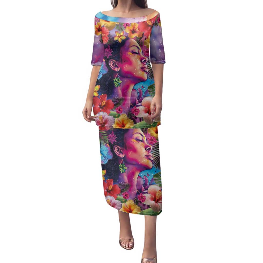 Polynesian Women Family Matching Puletasi and Hawaiian Shirt Tropical Plant - Vibrant Surreal Dreamscape Vibe