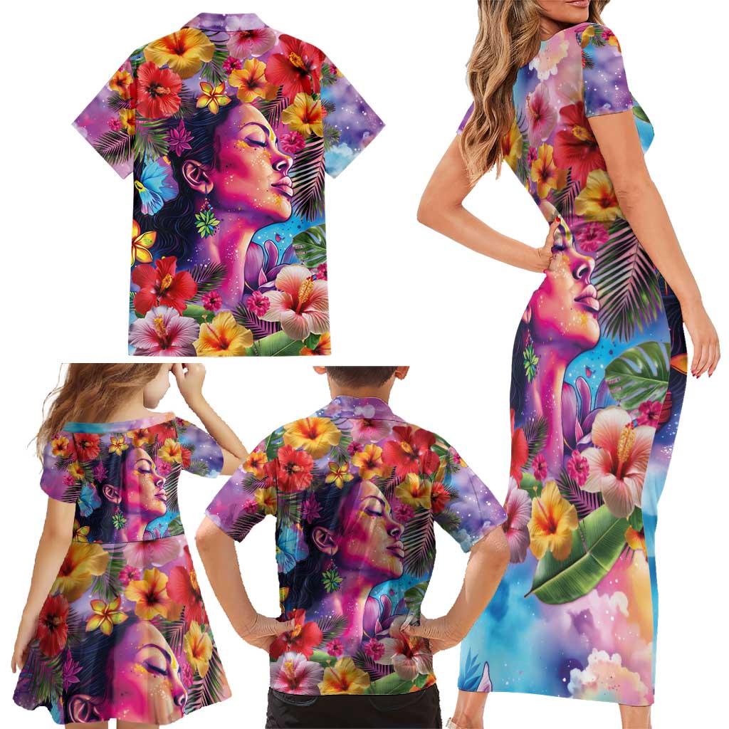 Polynesian Women Family Matching Short Sleeve Bodycon Dress and Hawaiian Shirt Tropical Plant - Vibrant Surreal Dreamscape Vibe