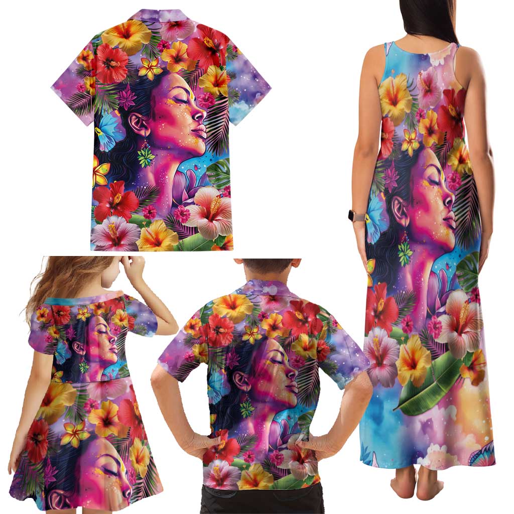 Polynesian Women Family Matching Tank Maxi Dress and Hawaiian Shirt Tropical Plant - Vibrant Surreal Dreamscape Vibe