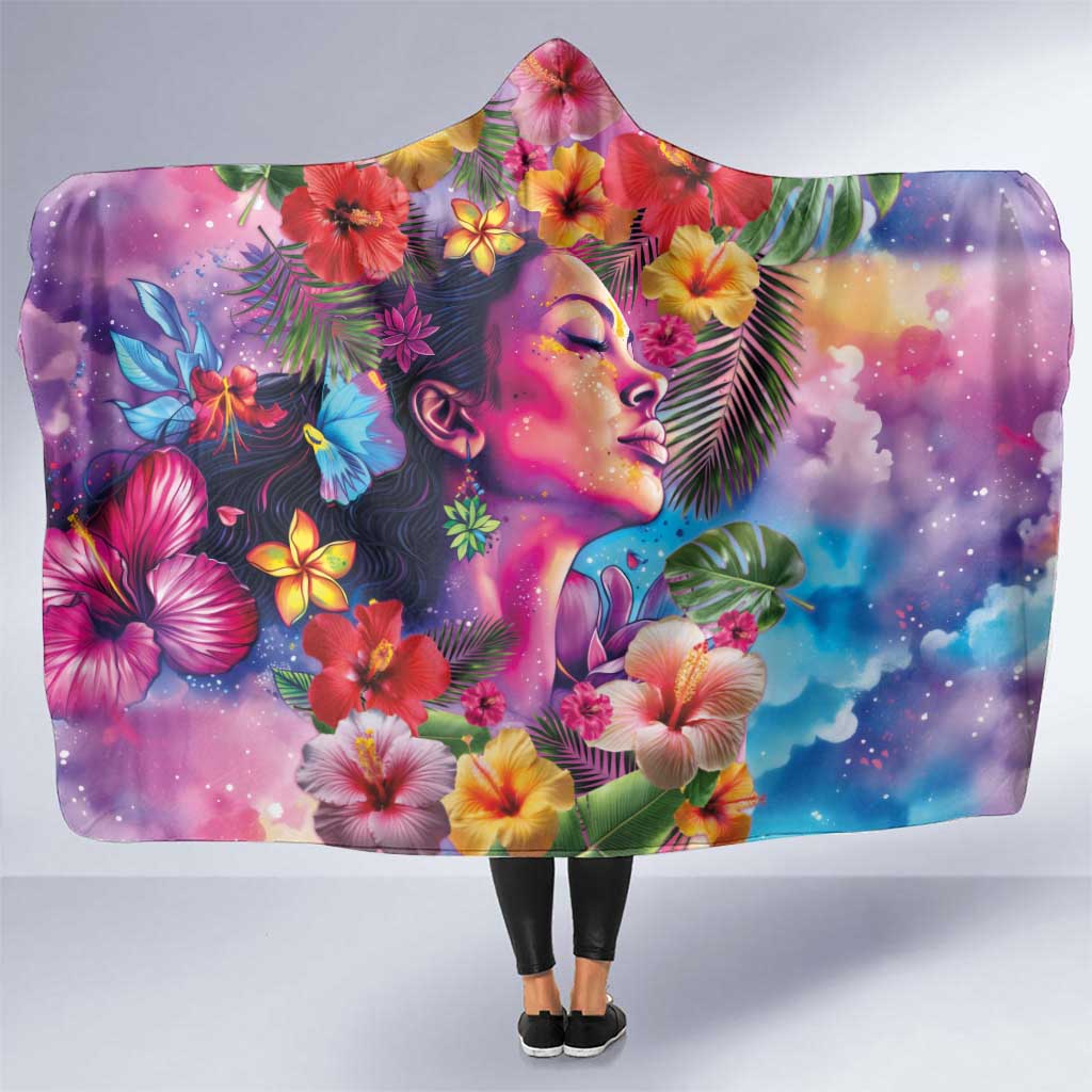 Polynesian Women Hooded Blanket Tropical Plant - Vibrant Surreal Dreamscape Vibe