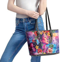 Polynesian Women Leather Tote Bag Tropical Plant - Vibrant Surreal Dreamscape Vibe