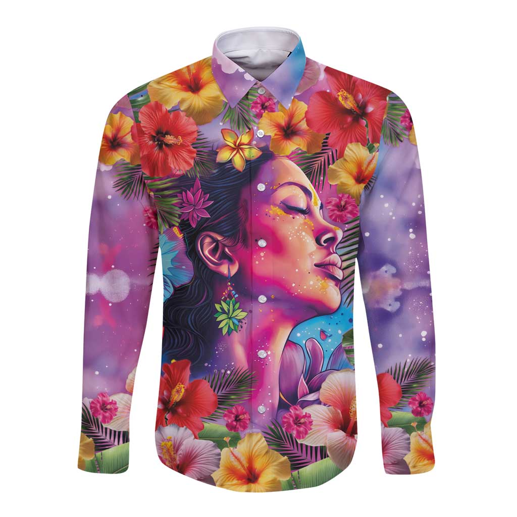 Polynesian Women Long Sleeve Button Shirt Tropical Plant - Vibrant Surreal Dreamscape Vibe