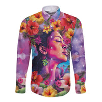 Polynesian Women Long Sleeve Button Shirt Tropical Plant - Vibrant Surreal Dreamscape Vibe