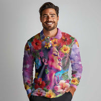 Polynesian Women Long Sleeve Polo Shirt Tropical Plant - Vibrant Surreal Dreamscape Vibe