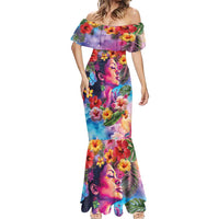 Polynesian Women Mermaid Dress Tropical Plant - Vibrant Surreal Dreamscape Vibe
